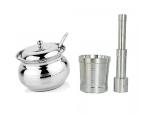 URBAN BUY Stainless Steel Multipurpose Ghee Pot/Pickle Container with Spoon With Aluminium Khallad Masher | okhli and musal/Kitchen Masher, for Kitchen Imam dasta and (Multicolour & Pack of 2)