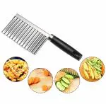 VMITRA Stainless Steel Plastic Crinkle Cut Knife Vegetable Potato Chip Cutter with Heavy Blade Fork Slicing Helper Fruit and Chopper Onion French Fry Safe Zigzag Knife Kitchen Tools Silver