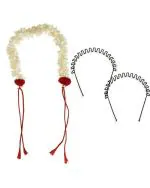 LYTIX Black Synthetic Hair Accessories Set Combo of Hair Flower Gajra, Veni and 2 Pcs Zig Zag Metal Hair Band (Pack of 3)