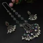 Royale Diva Radha Krishna Stone Work Oxidised Silver Plated Long Necklace Set For Girls
