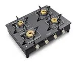 Padmini Gas Stove 4 Burner Glasstop cooktop CS 4GT Elite Black Auto Ignition with High Flame Burner ISI Certifed (1 Super Big 2 Big 1 Small Burner)