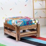 Ikiriya Amber Sheesham Wood Foot Stool in Teak Finish & Multi-colour Patch Kantha fabric Cushion
