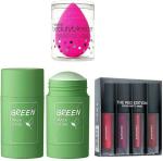 Lenon rofessional Green Tea Purifying Clay Stick Mask & Red Edition Matte Minis Lipstick With Makeup Blender Set Of 6 (3 Items in the set)