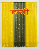 SpecialYou.in 8 Items Haldi Decoration Items for Marriage with Yellow and Green Chiffon like Fabric with Haldi Banner and Fairy led lights for Wedding Backdrop Decoration