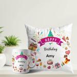 ASHVAH White Round Happy Birthday Amy Ceramic Coffee Mug and Cushion with Filler Combo Gift (Pack of 2) AS-D3COMBO-Amy-W
