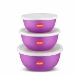 Jensons Stainless Steel Purple Microwave Safe 3 Pcs. Bowl Set with Lid (600+800+1300)