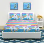 N G Products Kids Printed Elastic Fitted Glace Cotton Double Bedsheet with two Pillow covers_Size-72x78+8 inches (Unicorn Design)