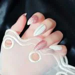 Secret Lives Acrylic Press on Nails Designer Artificial Nails Extension Almond Shape Pink Glitter and White Color Silver Line Color 24 pcs Set with Glue Sheet