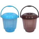 Kuber Industries Sky Blue and Brown Plastic Bucket with Lid and Handle - 13 L (pack of 2)