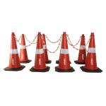 LADWA Road Traffic Cone, 750mm, with 8 m chain + 8 hooks, Safety Cone, Traffic Safety Cone, Road Safety Cone with Reflective Strips Collar - Pack of 8 cones