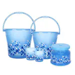 RATAN PLASTICWARE Plastic Bathroom Pack Set of 5 Combo Bucket 16L + 1 Frosty Bucket 20L + 1 Frosty Mug 1000Ml + 1 Frosty Mug 1500Ml + 1 Nova Patla Stool 107 - Bubble Print - Blue