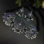 Royale Diva Oxidised Silver Plated Peacock Choker Necklace Set For Girls