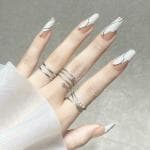 Secret Lives Acrylic Press on Nails Designer Artificial Nail Extension Semi Transparent Pink Bottom White and Blue Tips Golden Glitter Design 24 pcs Set with Kit