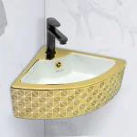Plantex Ceramic Corner Basin/Wall Mount Washbasin for Bathroom/Small Corner Vessel Sink/Tabletop Wash Basin (Golden Cornia)