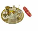 Shiv Shakti Arts Handmade Pure Brass Pooja Thali Set 7 pcs with Moli