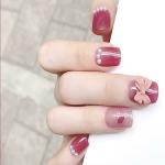 Secret Lives Acrylic Press on Designer Artificial Reusable Extension Beautiful Fake Nails Shades of Cherry Color 3D Bow and Heart Design and White Pearls