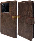 Niger Vivo Y22 Brown Artificial Leather Shock Absorbent and Hands Free Mobile Back Cover with Holder