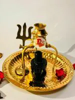 DARIDRA BHANJAN - Brass Pooja Plate Thali with Shivling Stand and Abhishek Lota Kalash Brass | Shiva Idols | Black marble Shivling | Shiv Idols | Shivling.