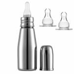 PGD Plain Silver Stainless Steel Baby Feeding Bottle, Slim Design Mirror Finish with Extra 2 Silicon Nipple - 200 ml