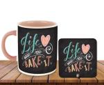 Whats Your Kick Baking Theme Life is What You Bake it Design Printed Pink Ceramic Coffee Mug with Desky and Tea Mug 325 ML