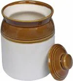 RTWARE Ceramic Pickle Jar - 1 kg, 1 Piece, (White-Dark Brown) Container, Martban, Barni for Achar Kitchen Storage