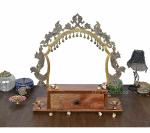 Idol Collections Multicolor Brass Temple Altar With Bells And A Wooden Drawer, Idol Collections Metal Lion Statue Showpieces, 5.5 Inch
