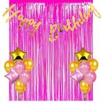 Toyxe Pink Foil Birthday Banner, Fringe Curtain, Star Foil Balloon, Metallic Balloons