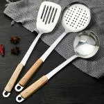 Leeonz Ladle & Slotted Spatula & Skimmers Tool Set, Best Turner, 304 Stainless Steel with Heat Resistant Wooden Handle Wok Utensils for Daily Use, 14Inch (Set of 3PCS)