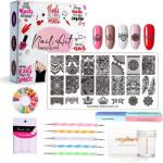 Royalkart Nail Art Kit For Girls 5 Dotting Pen Stamping Plate,Silicone Nail Stamper,Scraper,Nail Art Buffer,Fimo Clay Wheel,Finger Tip Guide Nail Art Tools