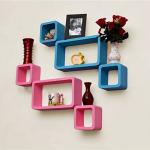 FIANAAF ENTERPRISE Rectangular Cube Shape Wall Mount Shelf Wall Rack Floating Shelves for Home Decoration, Living Room Kitchen Bedroom Storage Office Set of 6 D Blue and Pink