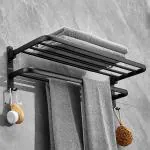 Plantex Space Aluminium Folding Towel Rack with Fix Towel Rod/Towel Bar for Bathroom/Towel Hanger with Hook/Bathroom Accessories (963, Black) Pack of 1