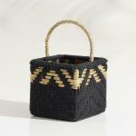 Sirohi Black, Gold Cotton and Upcycled Plastic Rope Decorative Gift Basket with Handle (16 x 16 x 25 cm)