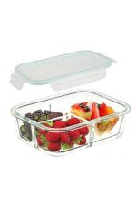 Homies Transparent Glass 3 Compartment Rectangular Glass Conatiner with Plastic Clamp Lid, 1000ml