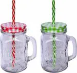 Mason Glass Jar with Handle, Lid & Straw (Multicolour)