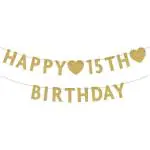 Festiko Gold Happy 15th Birthday Banner, Glitter 15 Years Old Boy Or Girl Party Decorations, Supplies
