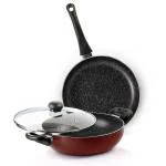 MILTON Pro Cook Induction New Granito Burgundy Aluminium 24 cm Fry Pan and 24 cm Kadhai with Glass Lid 1.6 L,2.5 L (pack of 2)