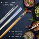 Hichaki 3 Pairs Stainless Steel & Wooden Chopstick - Reusable Chop Sticks for Noodles Sushi Hotpot Square Grip to Hold Food Perfectly Lightweight Korean Chinese