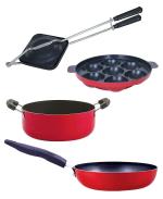 Nirlon 4 pcs of Red and Black 3 Layer Non-stick Aluminium Coated Chemical Free Kitchenware Cooking Utensils Set, Standard