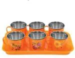 Silvester Plastic, Stainless Steel Lucky Set of 6 pcs | Flowers Printed Mugs, Stainless Steel & Outer Plastic Body Milk/Tea/Coffees (Multicolor, Cup Set)