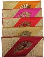 SEJASCOLLECTIONS Premium Pack of 5 Satin Fabric with Acrylic Mor Pankh Design Shagun Envelopes | Pack of 5 | Multi-Color for Weddings, Birthdays, Baby Shower, Anniversary Envelopes (Pack of 5 Multicolor)