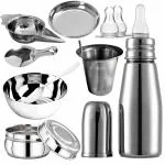 PGD Plain Silver Stainless Steel Baby Feeding Bottle with Feeder, Bowl, Spoon Set, Plate, Baby Glass with Straw, Food Storage Container Box (0-24 months) - 300 ml
