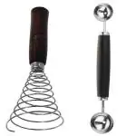 ECSTASYCombo of Stainless Steel Egg Beater, 8 Inch - Wire Spiral Whisk - Wooden Handle and Stainless Steel Melon Baller, 7 Inch - Potato Baller Cutter, Ice Cream Spoon, Fruit Carving Knife