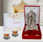 International Gift Silver Aluminum Radha Krishna Statue With Diya Set With Beautiful Box Packing And With Carry Bag, 18 X 10 X 10 Cm
