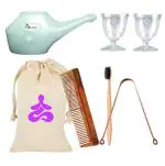 OREAYU Yoga Natural Life Kit Neti Pot/Eye Wash Cup/Bamboo Brush/Copper Tongue Cleaner/Neem Wood Comb With Travel Cotton Bag
