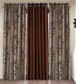 Fashion String 3 Pieces Floral Blossoms Eyelet Polyester Door Curtains - 7 Feet, Brown