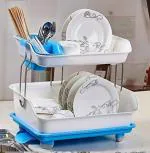 Bience Blue Plastic 2 Layer Sink Dish Plate Drainer Drying Rack With Tray Utensil Holder Basket