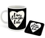 Whats Your Kick Live Love Laugh With Heart Designed Printed White Ceramic Coffee Mug and Tea Mug 325 ml witth coaster
