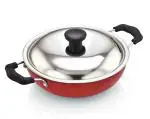 My Twin Birds Red and Black Aroma Non-Stick Kadai with Stainless Steel Lid 20 cm, 1 L