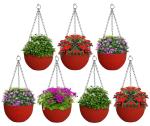 Kuber Industries Red Plastic Hanging Flower Pot For Balcony And Railing Set (Set Of 7)