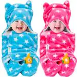 OYO BABY 3-in-1 Hooded Baby Blanket Wrapper - Pack of 2 (Star Pink and Blue) Towel for Baby Boy and Girl | All Season Soft Swaddle | 0-6 Months | Nursing Baby Gifts | Bath Robe